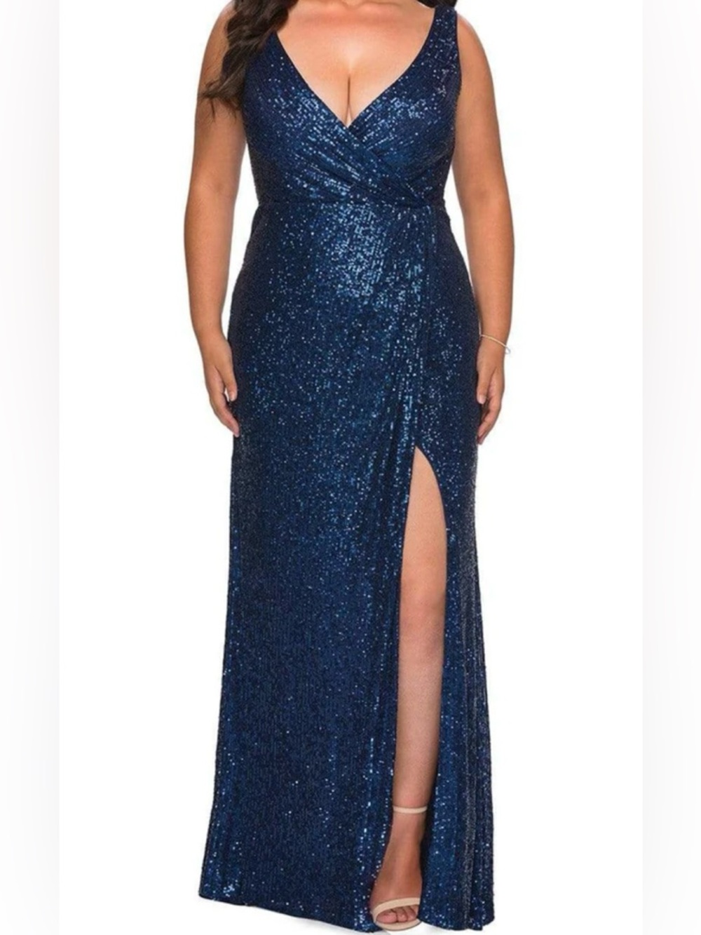 La Femme Sequin Faux Wrap Gown Navy In Size 22W